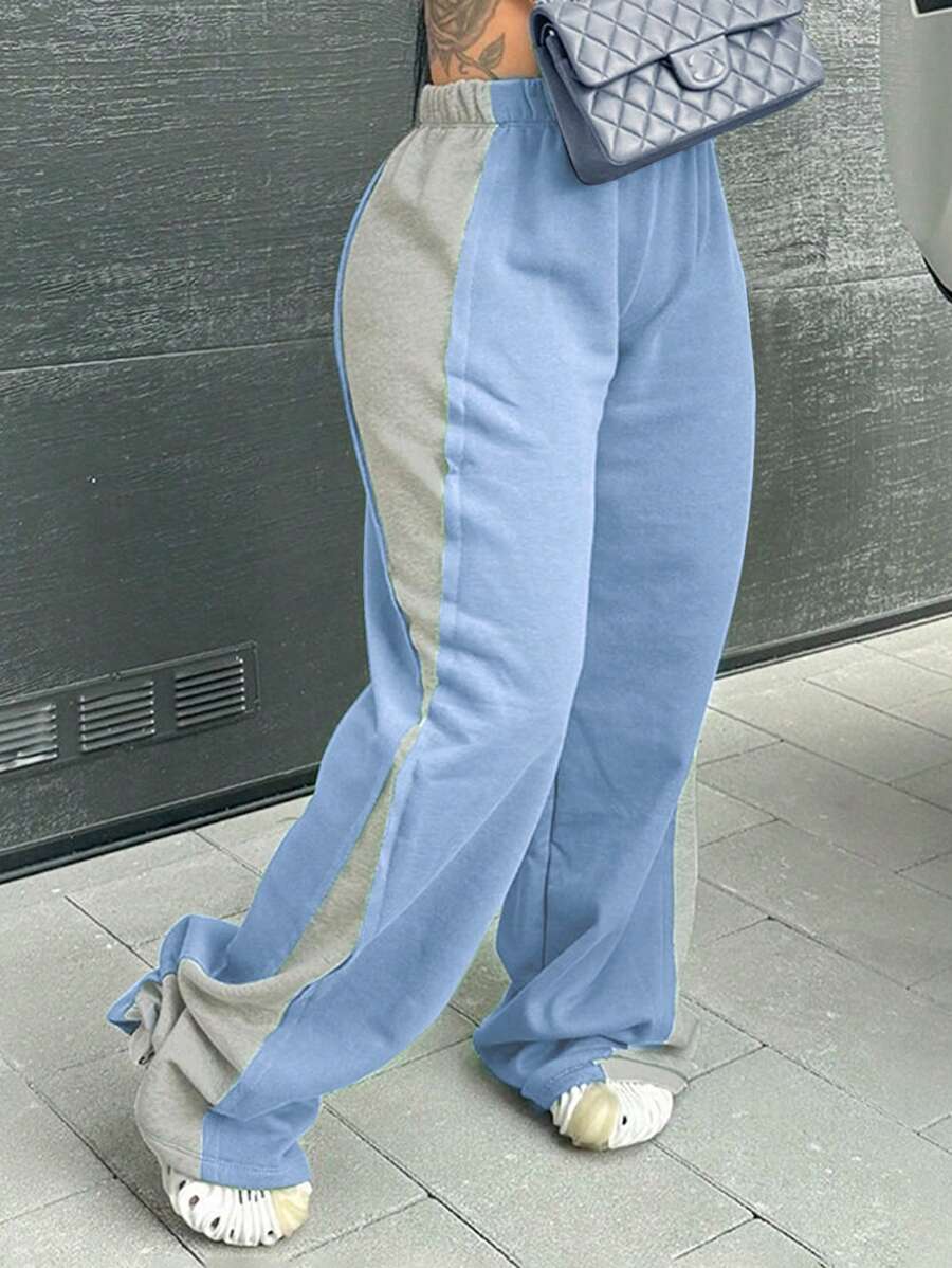 SHEIN 女士纯色拼接休闲松紧腰运动裤 - 霧霾藍 - 查看 1