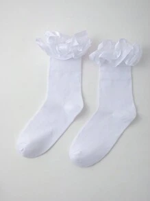 ROMWE Kawaii Women Solid Color Simple Everyday Ruffle Lace Trim Mid-Calf Socks - White - View 2