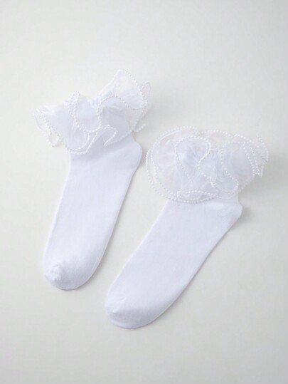 Kawaii Women's Cute Sweet Beaded Ruffle Lace Trim Crew Socks