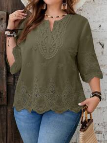 EMERY ROSE 大码夏季孔眼刺绣衬衫