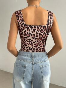 SHEIN EZwear Bộ đồ liền thân không tay họa tiết da báo dành cho nữ - màu nâu - Xem 2