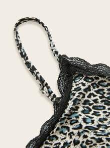 SHEIN EZwear Conjunto de camiseta y pantalones cortos de encaje con estampado de leopardo en contraste para mujer - Gris - Ver 8