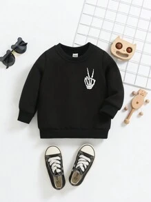 SHEIN Young Boy Casual Simple Skull & Slogan Printed Basic Pullover Sweatshirt - Black - View 2