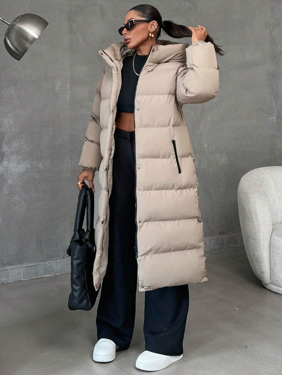 EURMUSE Zip Up Hooded Long Puffer Coat - Beige - View 1