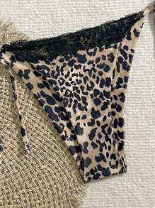 Swim Vcay 2025 Leopard Print Lace Trim Halter Bikini Set, Random Print Summer