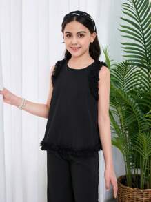 SHEIN Set da 2 pezzi per ragazze giovani, con top senza maniche con scollo tondo e pantaloni casual e larghi, in maglia con contrasto - nero - Visualizzare 8
