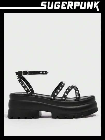 Sugerpunk Woman Shoes Spiked Decor Criss Cross Sandals, Punk Black Ankle Strap Flatform Sandals For Summer Vacation Shoes Summer Y2k Punk Cool Street Sporty Halloween Spring Shoes Spring Break Easter