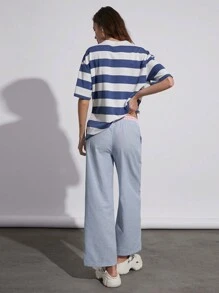 SHEIN EZwear Pantalones anchos tejidos con rayas azules y cuadros rosas de estilo informal para mujer con ajuste holgado