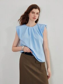 MOTF STUDIO ÁO KIỂU NỮ MÙA HÈ MÀU TRƠN CỔ TRÒN TAY NGẮN NHÚN NHÚN - Màu xanh lam - Xem 5