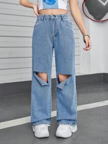 Teenagers' High-Waisted Distressed Washed Wide-Leg Jeans For Girls - Light Wash - View 5
