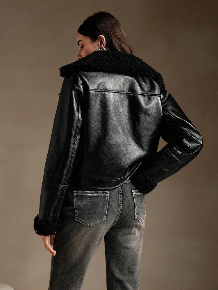 Chaqueta corta de mujer con bloqueo de color, cuello de solapa y bolsillos duales