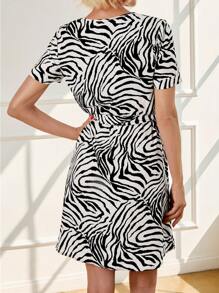 SHEIN LUNE Fashion Grandmamma NANA Zebra Print Short Sleeve Dress - Black - View 2