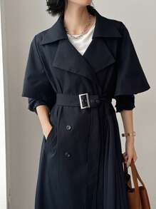 FRIFUL Women's Solid Color Double-Breasted Long Casual Jacket, Spring Autumn Women Coats - Navy Blue - View 6