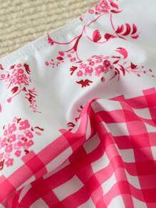 SHEIN Swim 女士随机印花系带扭纹细节上衣和全印花格子泳裤比基尼套装，夏季泳衣 - 粉色 - 查看 7