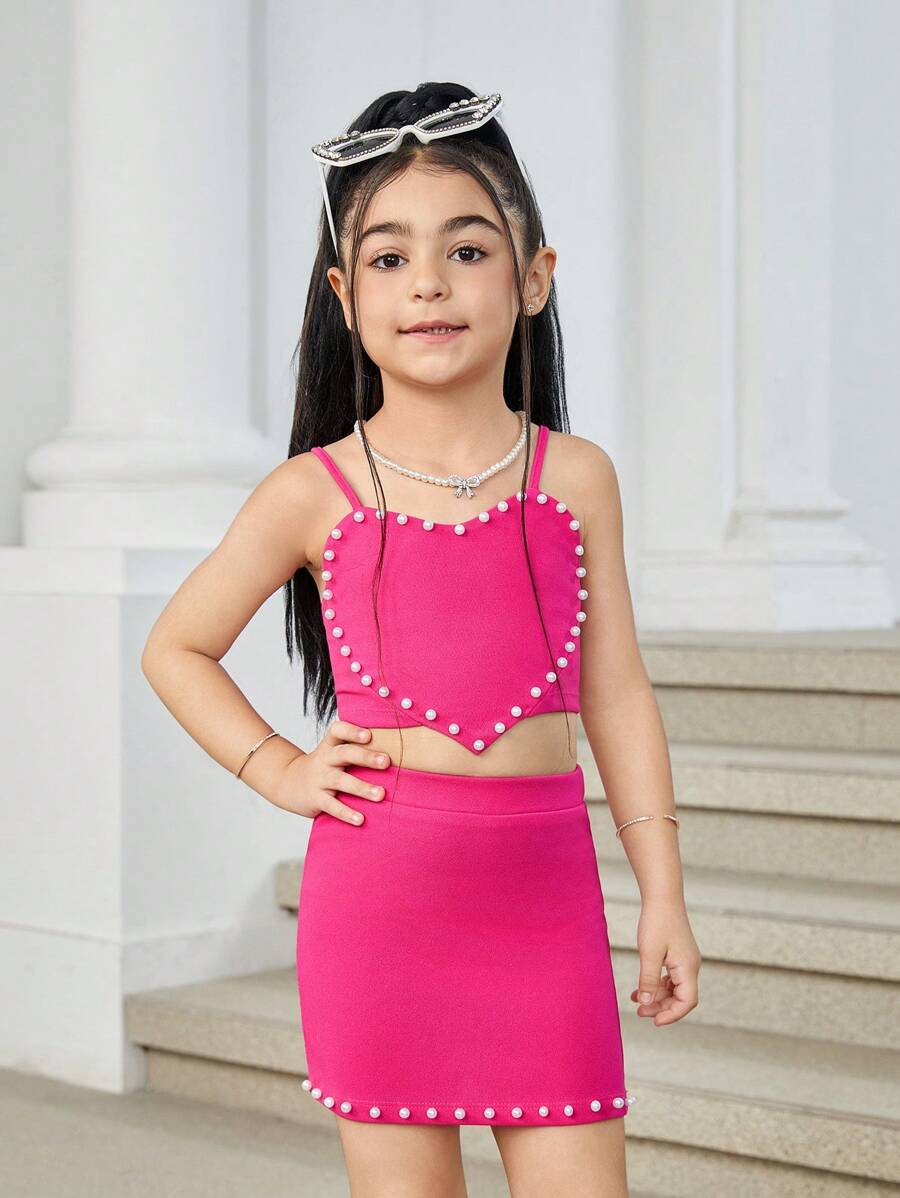 SHEIN Leap Crew 2pcs Young Girl Plain Knit Beaded Camisole Top And Mini Skirt Set - Hot Pink - View 1