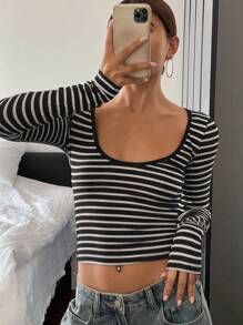 DAZY 秋季新款条纹圆领长袖休闲时尚T恤，秋季女装 - 黑色 - 查看 2