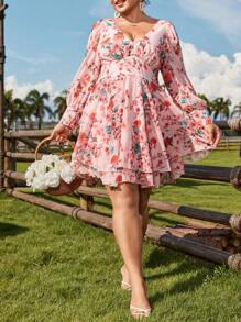 Flirla Vestido de manga larga con cuello en V y estampado floral para tallas grandes