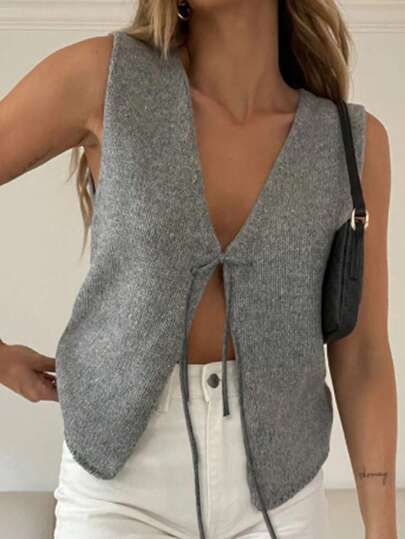 INAWLY 女士純色簡約無袖針織上衣，帶綁帶細節，日常穿著