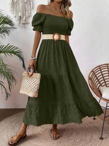 EMERY ROSE Women's Solid Color Simple Casual Puff Sleeve Dress Maxi Women Outfit - Olive Green - View 6