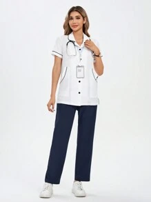 TaskEZ White And Navy Blue Nurse Wear Clothes For Women | Hospital Uniform For Nurses | Clinic Uniforms | Hospital Uniform Contrast Trim Short Sleeve Top And Long Pants  Scrubs Set  Scrub Sets  Uniform Coat Fits For Nurse, Pharmacist, Beautician, Dentist, Physician, Nurse Practitioners, Lab Staffs - Multicolor - View 17