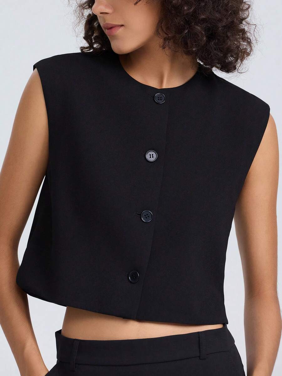 Front Button Fastening Sleeveless Casual Summer Tank Top Black - Black - View 1