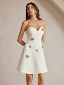 Anewsta 2024 Spring Summer New Arrival Pearl Decor White Open Shoulder Dress - White - View 4
