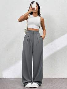 SHEIN Essnce Pantalón casual de pierna ancha de cintura alta, verano, para mujer - Gris Oscuro - Ver 3