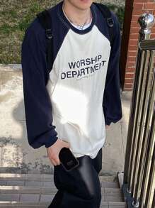 DAZY Herr höstfärgblocks-t-shirt med bokstavstryck, långärmad herrtröja - Vitt - Visa 6