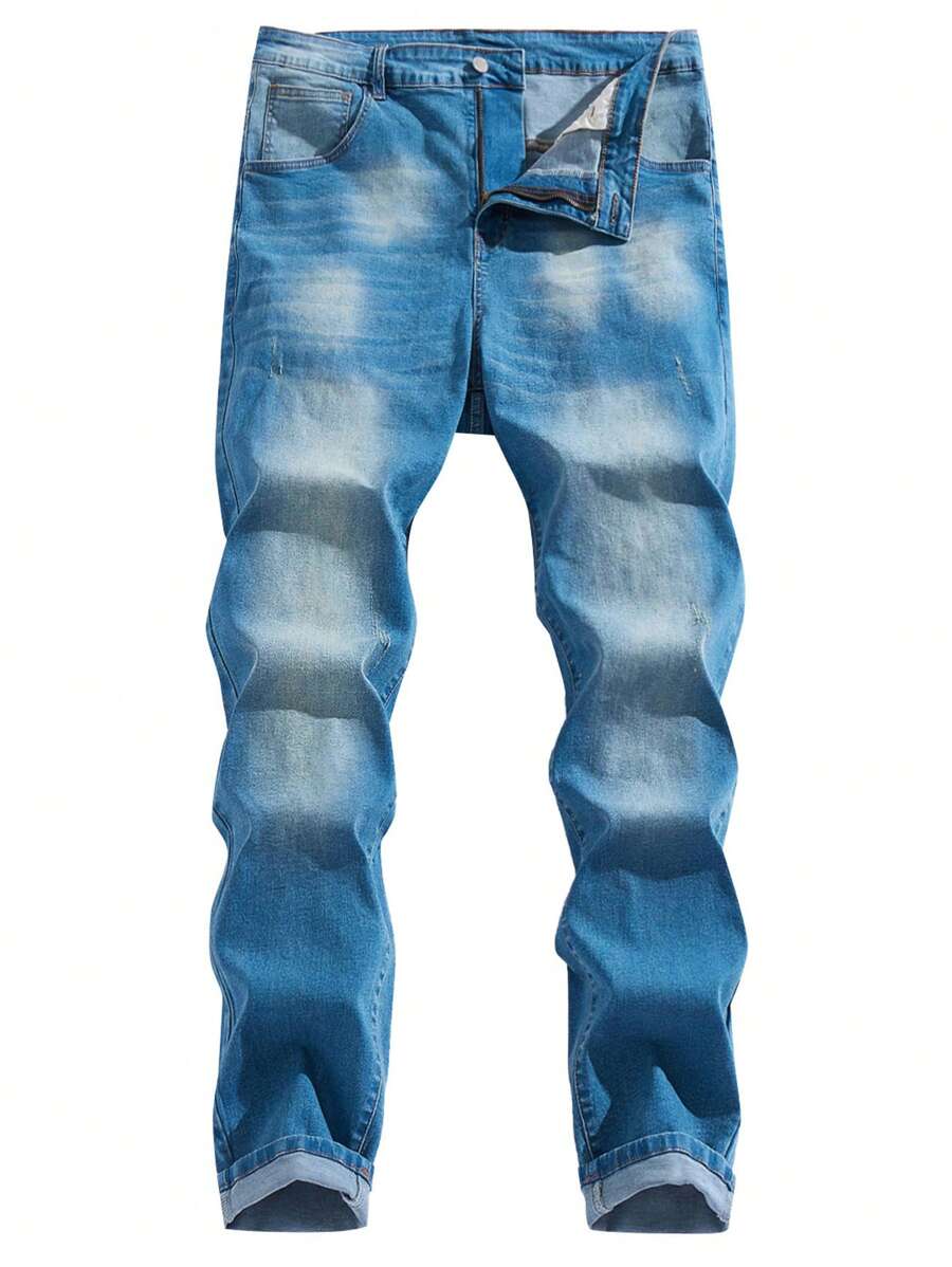 Manfinity Homme 大码男式深蓝色休闲紧身牛仔裤 - 深色水洗藍 - 查看 1