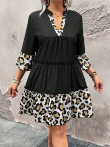 Plus Size Leopard Print V-Neck Ruffle Hem Casual Dress - Multicolor - View 3