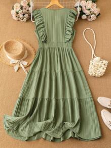 SHEIN LUNE Plus Size Women Solid V-Neck Ruffle Trim Casual Everyday Dress - Army Green - View 2