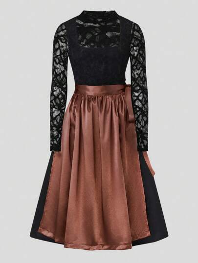 Fairmaia Conjunto de 3 piezas Dirndl para mujer que incluye: Blusa de encaje de manga larga y cuello redondo, Vestido Dirndl y Delantal desmontable, para Oktoberfest, Halloween