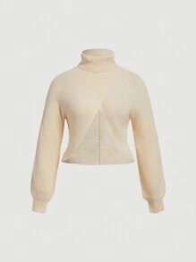 SHEIN MOD 大码针织高领长袖短斗篷 - 杏色 - 查看 1