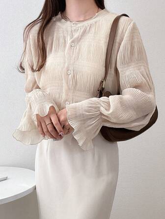 FRIFUL Women's Solid Color Front Button Frilled Cuff Casual Blouse, Vacation Style,Long Sleeve Tops,Ruffle