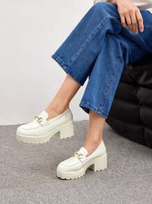 CUCCOO BIZCHIC Women Metal Decor Platform Shoes, Preppy Beige Platform Loafers For Outdoor Vacation Shoes Summer Elegant Basics Business Casual Business Chic Spring Shoes Spring Break Easter