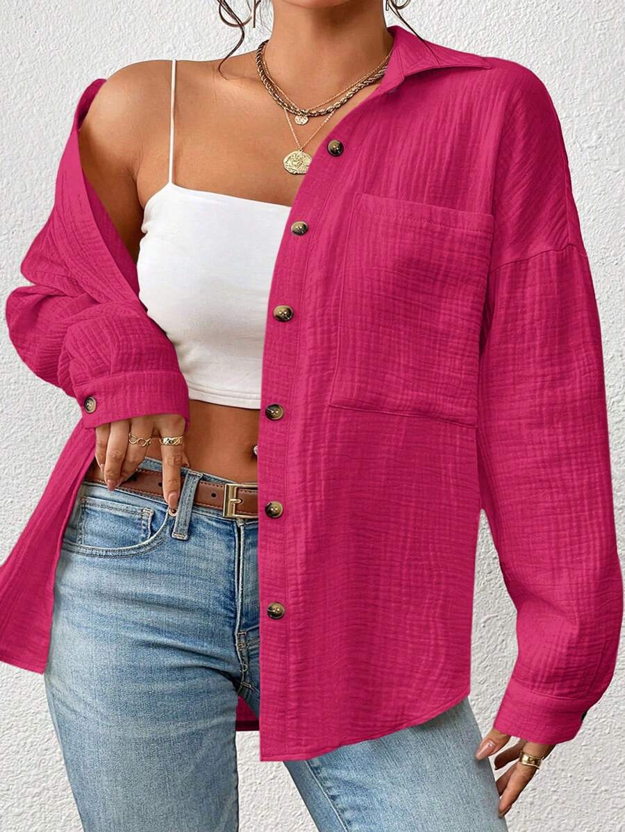 SHEIN VCAY Plus Size Áo sơ mi dài tay có nút phía trước trơn - Màu Hồng Tươi - Xem 1