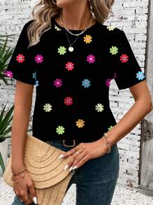 SHEIN LUNE 休闲简约彩色雏菊花卉图案圆领短袖女式T恤上衣，夏季 - 白色 - 查看 1