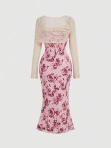 SHEIN MOD Thắt lưng vải phối dây rút, in hoa hồng, viền đuôi cá, váy midi cho nữ - Nhiều màu - Xem 3