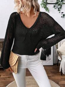 SHEIN LUNE Einfacher einfarbiger Pullover mit ausgeschnittenem Sternmuster für den Lässig-Alltag, gestrickter Pullover für Herbst und Winter - Schwarz - Übersicht 5
