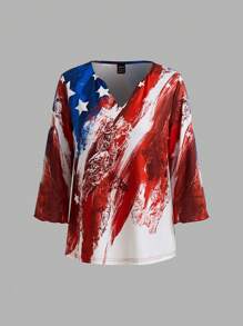 SHEIN LUNE Women's Knitted High-Bounce American Flag V-Neck Theme Fashion Printed Short-Sleeved T-Shirt - Multicolor - View 1