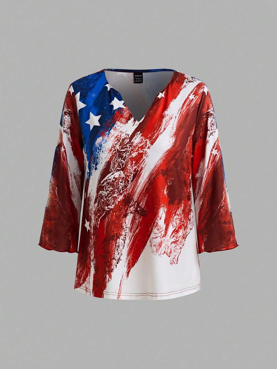 SHEIN LUNE Women's Knitted High-Bounce American Flag V-Neck Theme Fashion Printed Short-Sleeved T-Shirt - Multicolor - View 1