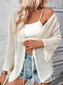 Chiquease Pre-Tied Bowknot Vacation Style Open Front Flared Sleeve Shirt - Apricot - View 1