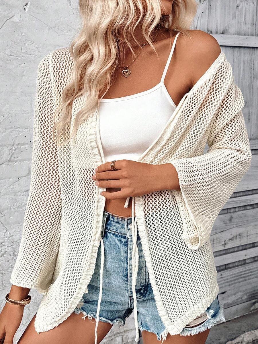 Chiquease Pre-Tied Bowknot Vacation Style Open Front Flared Sleeve Shirt - Apricot - View 1