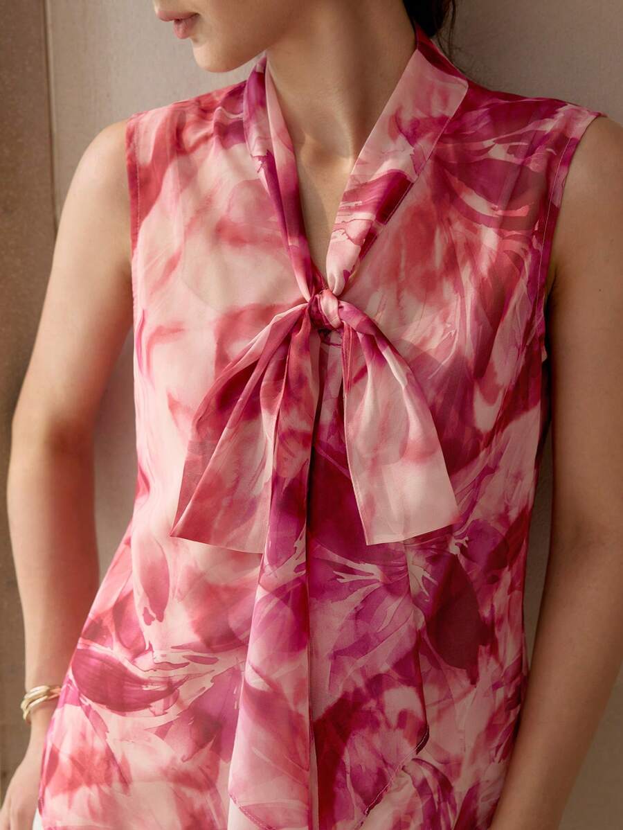 MOTF PREMIUM 雪纺印花系带无袖衬衫 - 粉色 - 查看 2