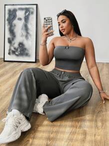 Flirla Conjunto de 2 piezas de top tubo de unicolor y pantalón cargo de talla grande - Gris Oscuro - Ver 4