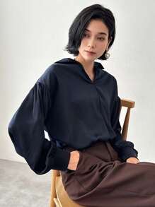 FRIFUL 女士纯色落肩长袖宽松休闲衬衫，春夏秋装 - 藏蓝色 - 查看 4