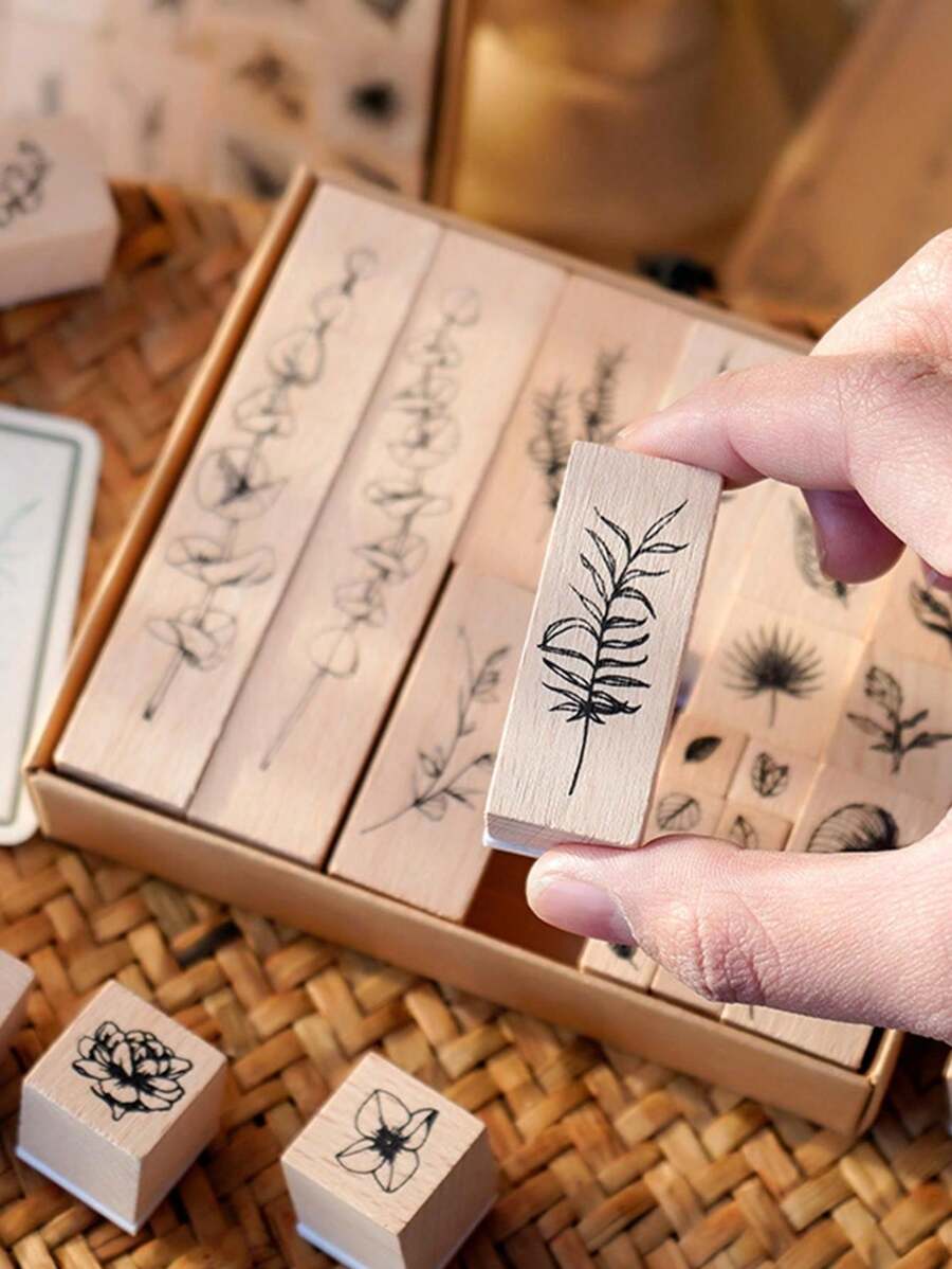 1set (Random) - Branches And Leaves Series Combination Stamp Set, Vintage Flower Pattern Wood Rubber Stamp, Small Wooden Stamp, Suitable For Craft, Scrapbook, Card Making, DIY, Painting, Hand Book - Brown - View 1