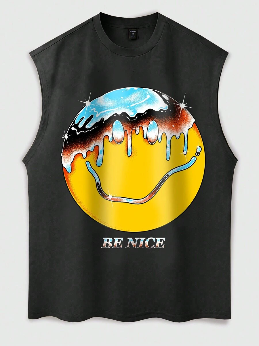 Kuroro Artist Men's Smiling Face Printed Tank Top Street Retro,Clothes,For Summer - Black - View 1