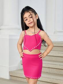 SHEIN Leap Crew 2pcs Young Girl Plain Knit Beaded Camisole Top And Mini Skirt Set - Hot Pink - View 6