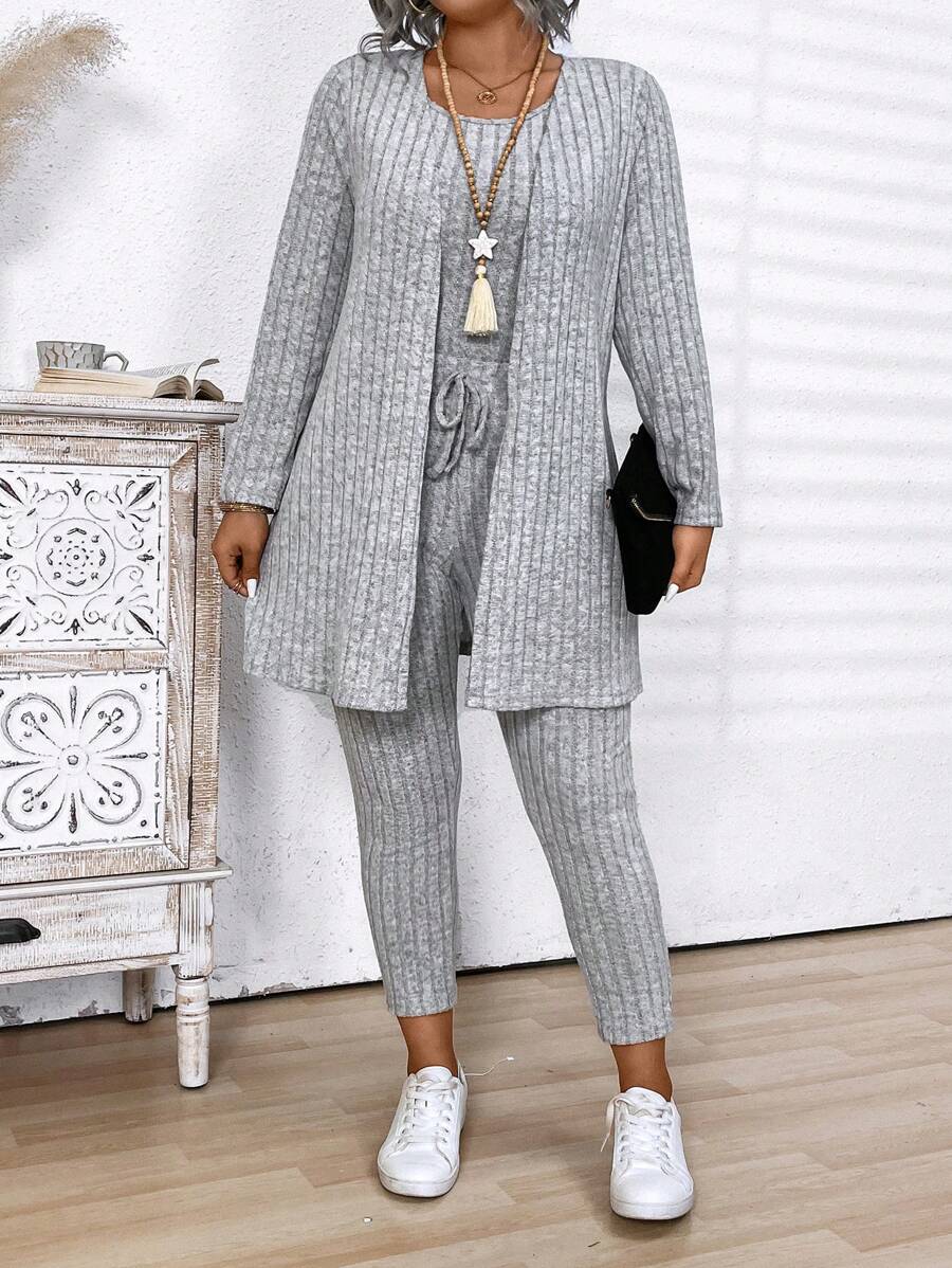Bộ áo khoác dài tay màu trơn dệt kim cỡ lớn + áo ba lỗ cổ tròn + quần âu thắt nút - Xám - Xem 1
